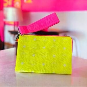 Mcm neon orange pink wristlet wallet pouch visetos